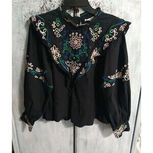 See And Be Seen Puff Sleeve Embroidered Top Black Md Boho Peasant Feminine...